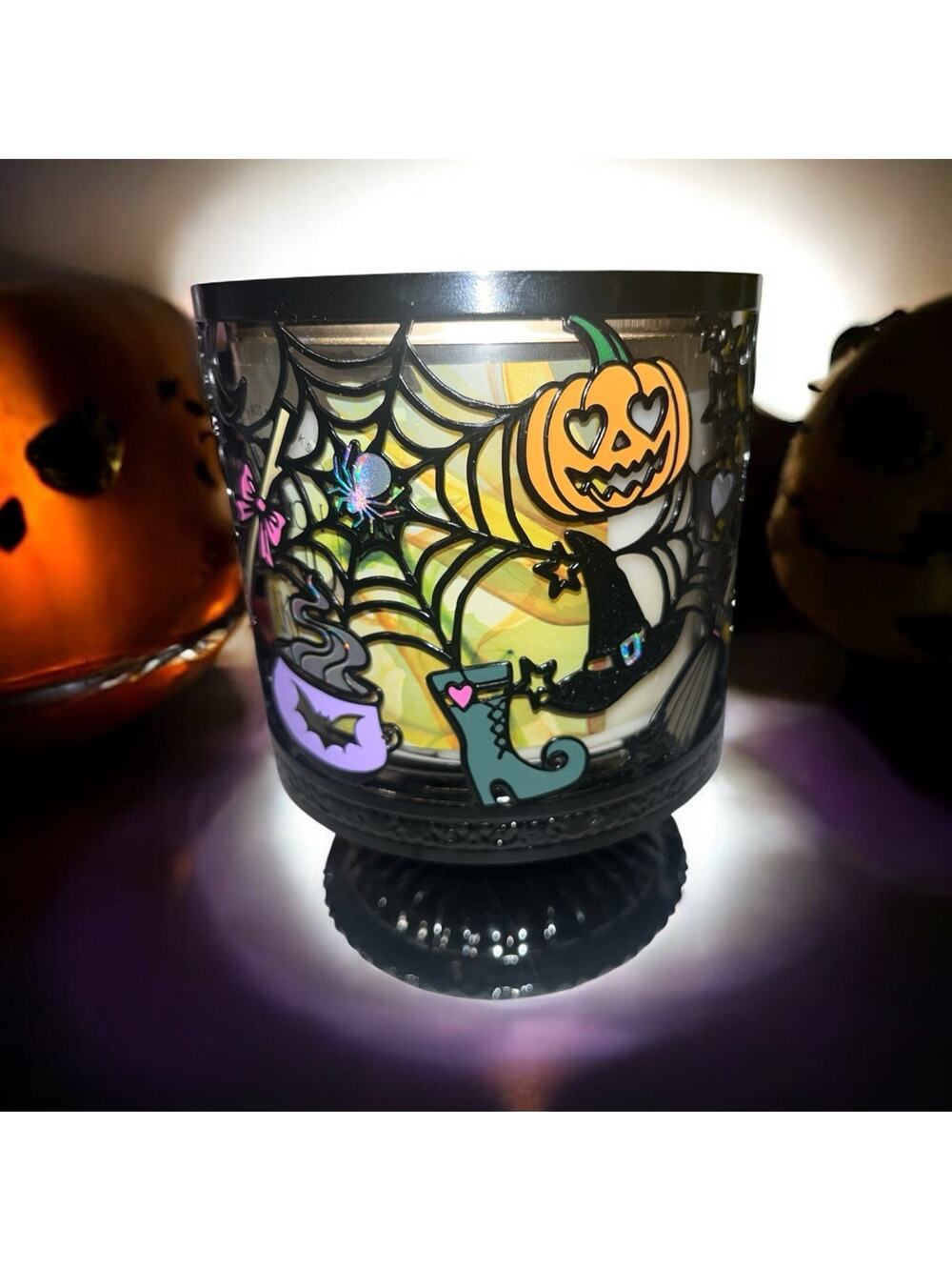 WITCH'S HALLOWEEN 3Wick Pedestal Candle Holder Bath & Body Works Pumpkins Webs